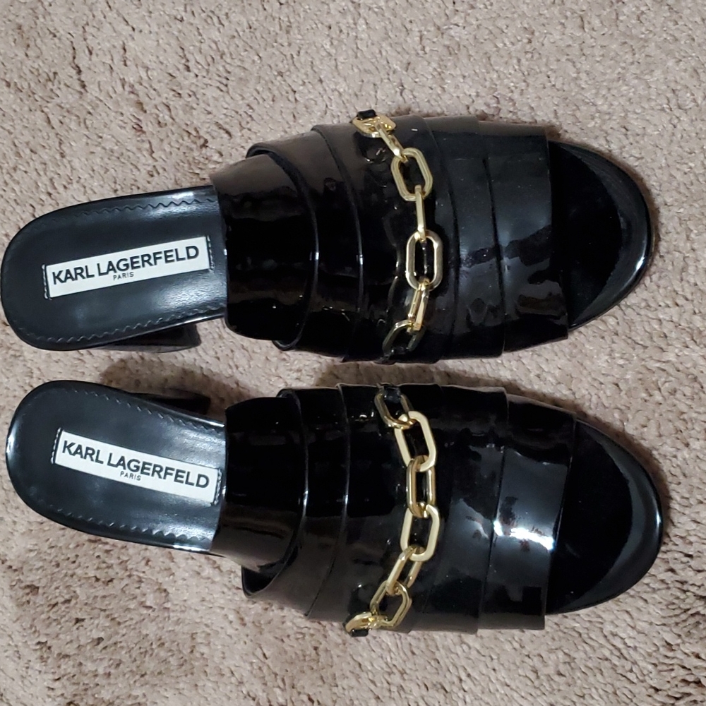 EUC Lagerfeld black patent mules 8.5